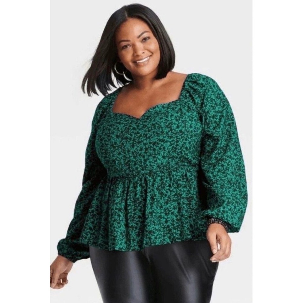 Ava & Viv Women 2X Green Black Floral Peplum Top Sweetheart Smocked Long Sleeve